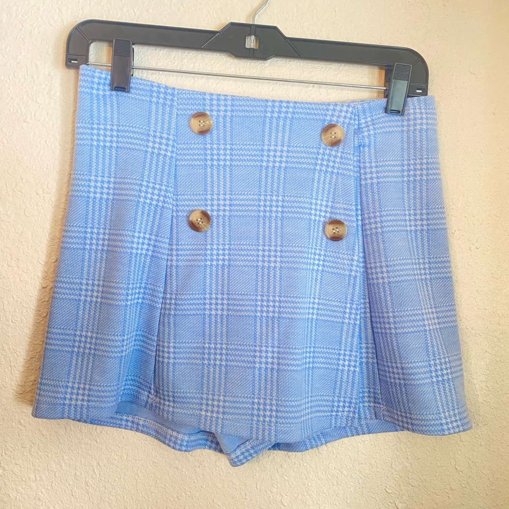 Blue plaid skort with buttons down the front